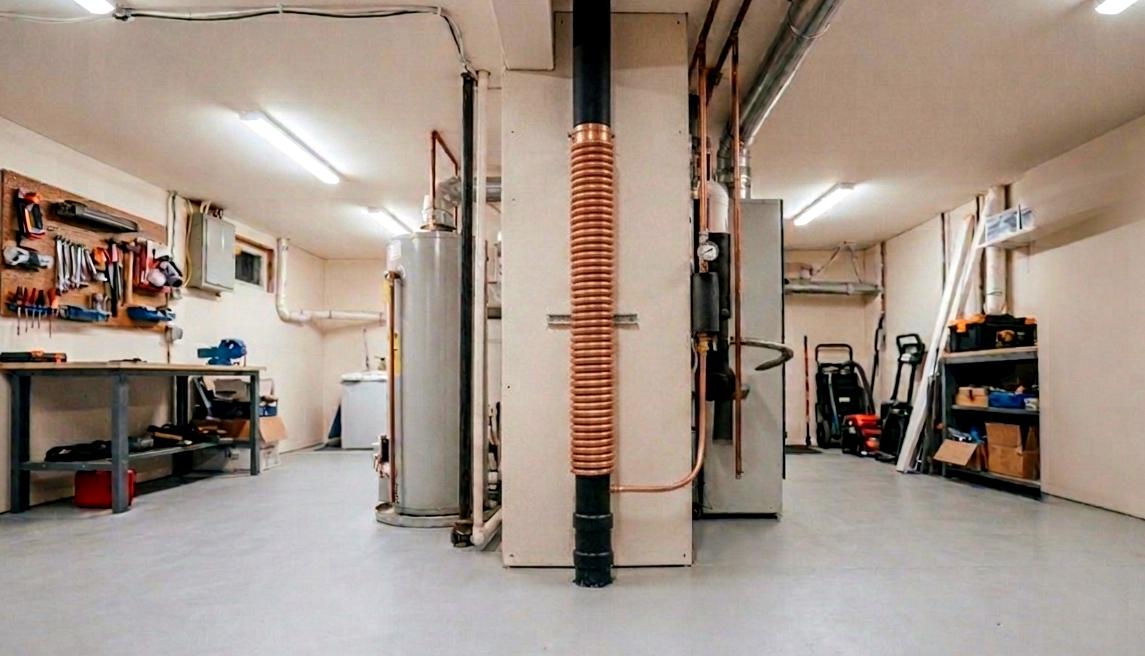 A  copper drain water heat recovery unit in a residential plumbing stack.