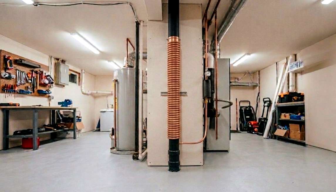A  copper drain water heat recovery unit in a residential plumbing stack.