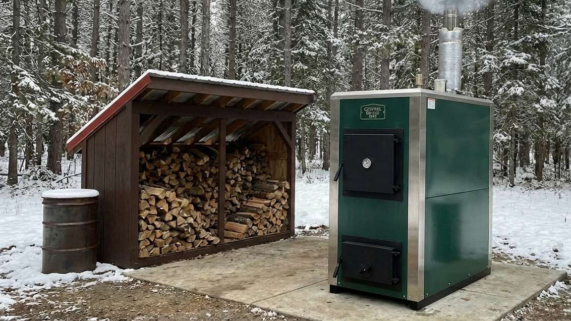 A modern outdoor wood boiler in a snowy rural yard