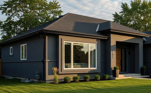 A classic modern-style home with a beautiful grey stucco exterior