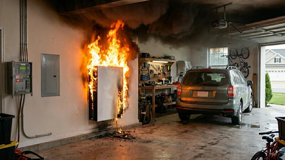 Lithium Ion Home Battery on Fire in a Garage