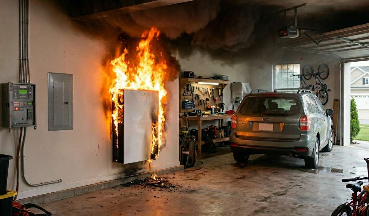 Lithium Ion Home Battery on Fire in a Garage