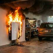 Lithium Ion Home Battery on Fire in a Garage