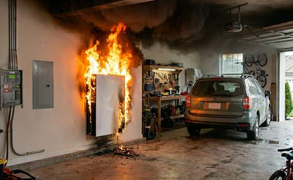 Lithium Ion Home Battery on Fire in a Garage