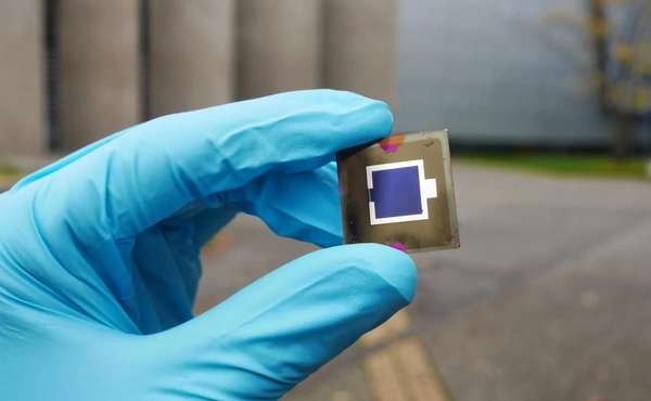 Close up of a highly reflective tandem perovskite solar cell panel.