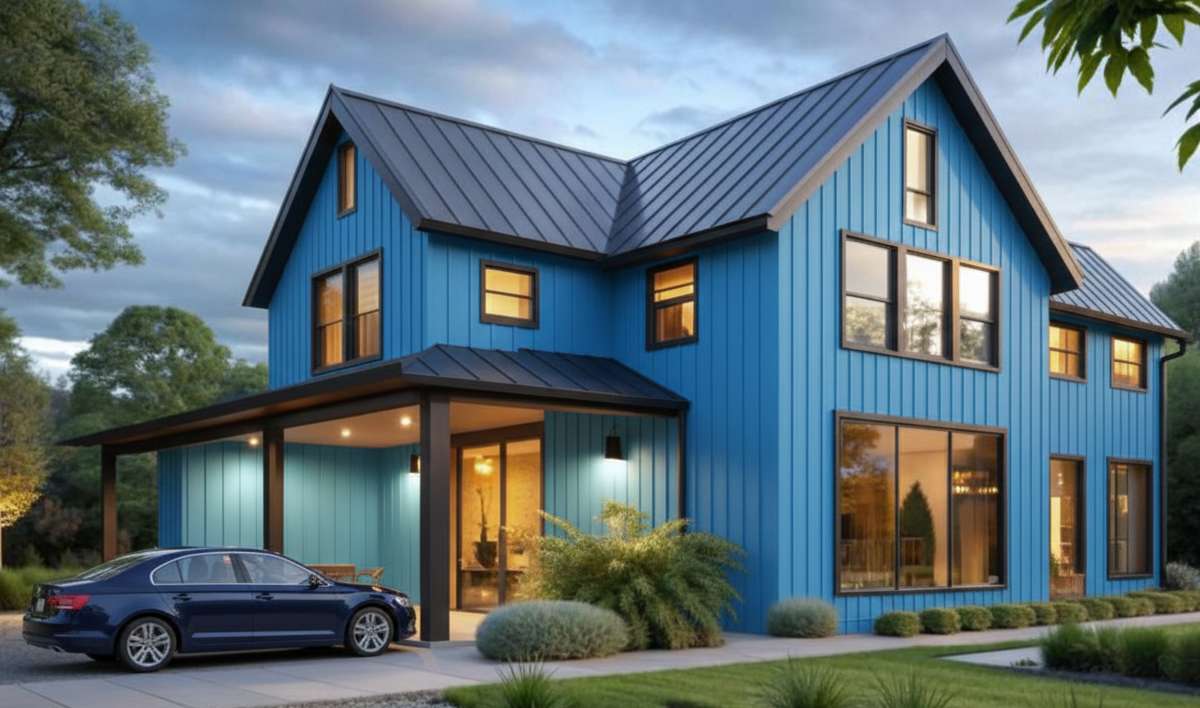 Home with metal siding and a metal roof