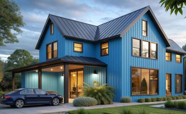 Home with metal siding and a metal roof