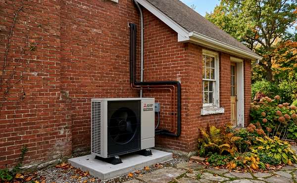 Heat Pump Compressor on a Brick Home in Vancouver