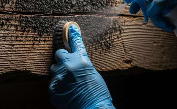 A close-up shot of cleaning black mold spores on a wooden beam in a basement