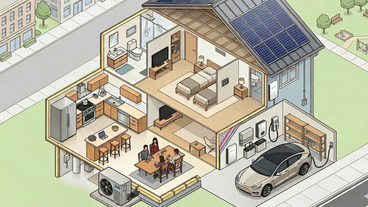Cutaway of a modern energy efficient electrified home