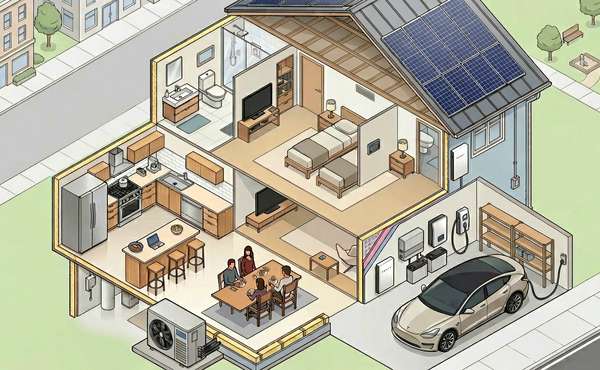 Cutaway of a modern energy efficient electrified home
