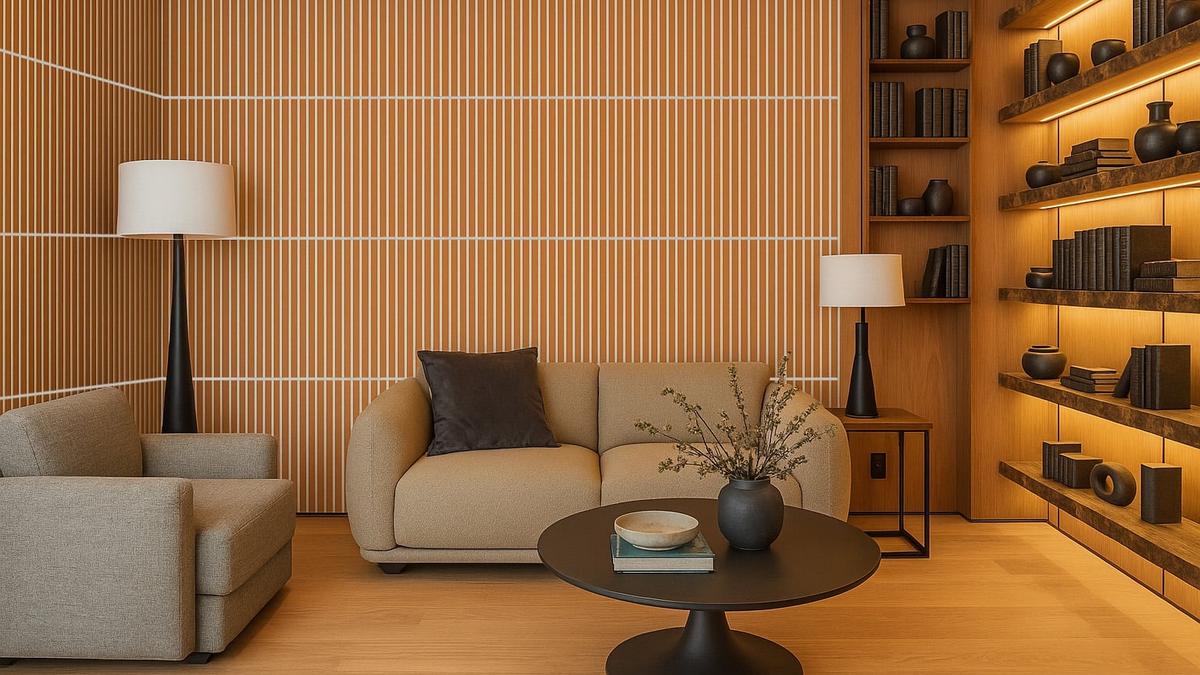 Modern living room with acoustic cork wall panels and soft natural lighting.