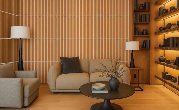 Modern living room with acoustic cork wall panels and soft natural lighting.