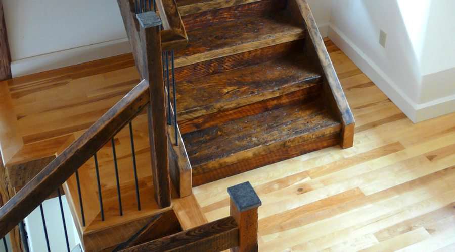 Stairs made from reclaimed barn beams