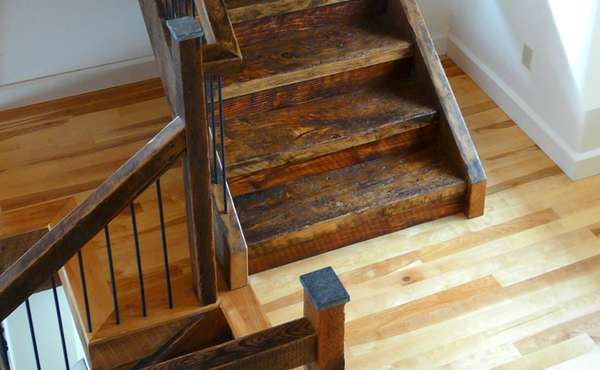 Stairs made from reclaimed barn beams