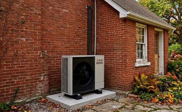 Heat Pump Compressor on a Brick Home in Vancouver