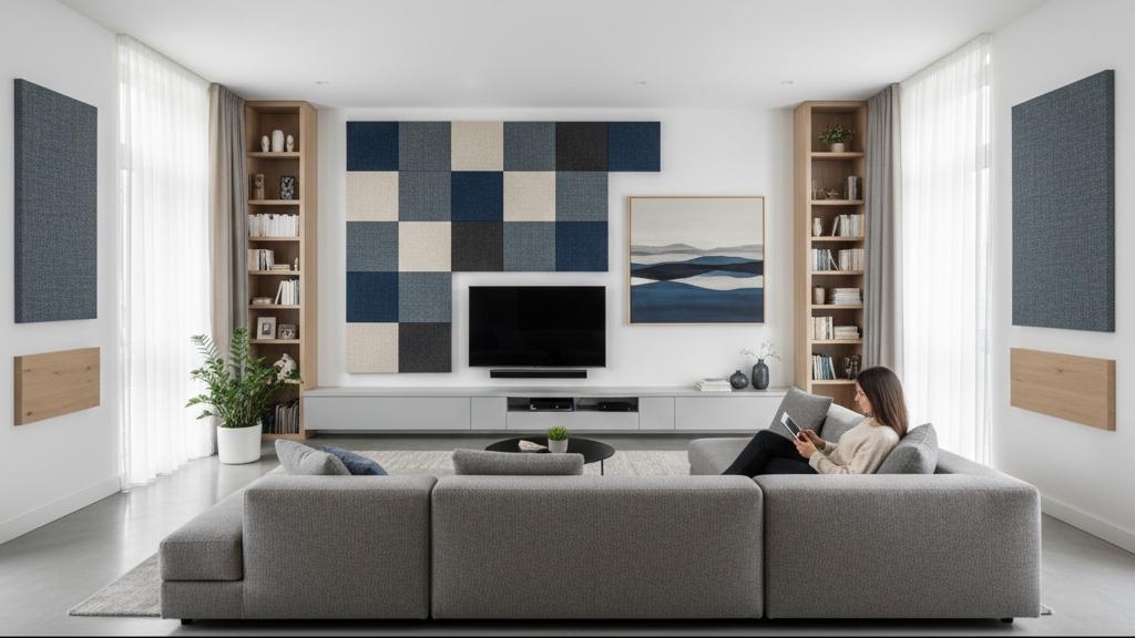 An interior photo of a living room with decorative fabric-wrapped acoustic panel