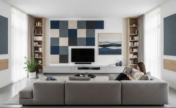 An interior photo of a living room with decorative fabric-wrapped acoustic panel