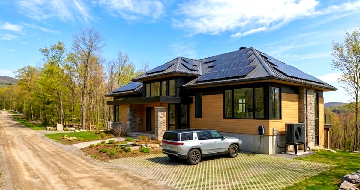 A home with solar panels, heat pump and EV charging