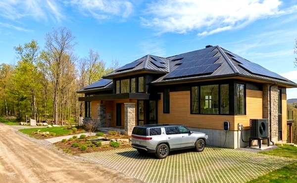 A home with solar panels, heat pump and EV charging