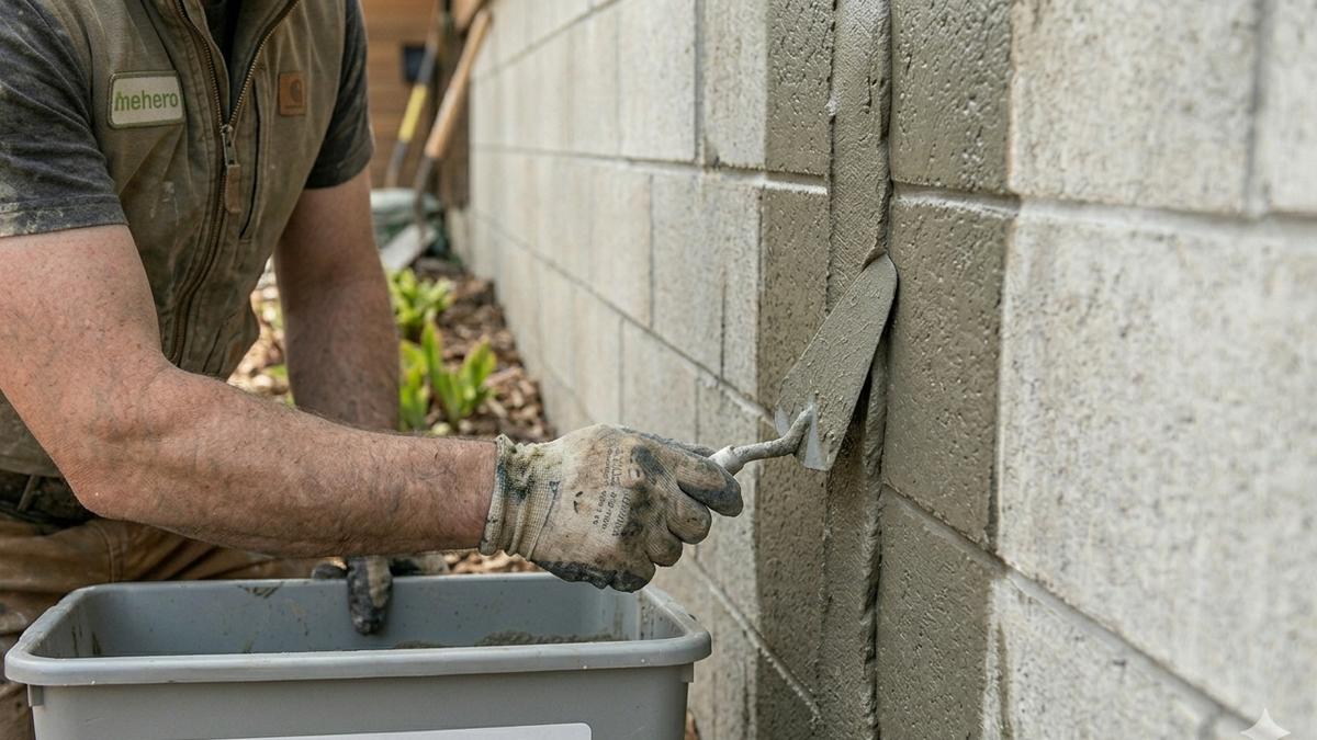 A close up of a concrete crack being repaired with self healing concrete