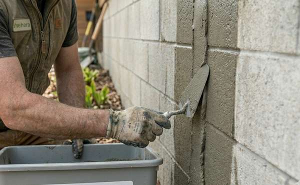 A close up of a concrete crack being repaired with self healing concrete