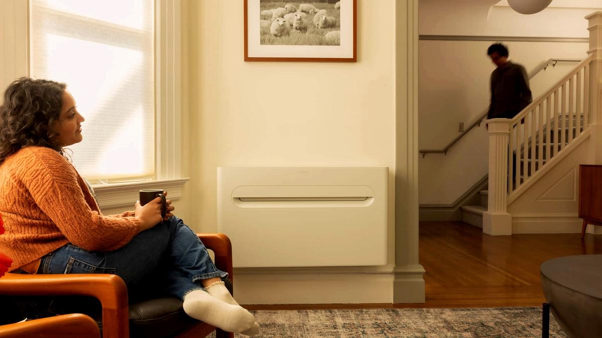 The Merino Mono indoor heat pump mounted on an exterior wall in a modern living