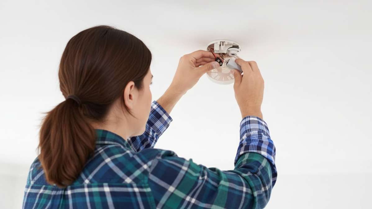 A woman connecting the battery of a carbon monoxide detector