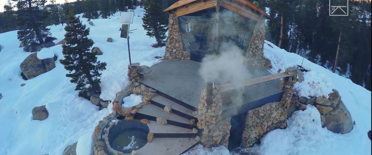 Snowboarder, Mike, Basich's, off-grid cabin in the woods with hot tub
