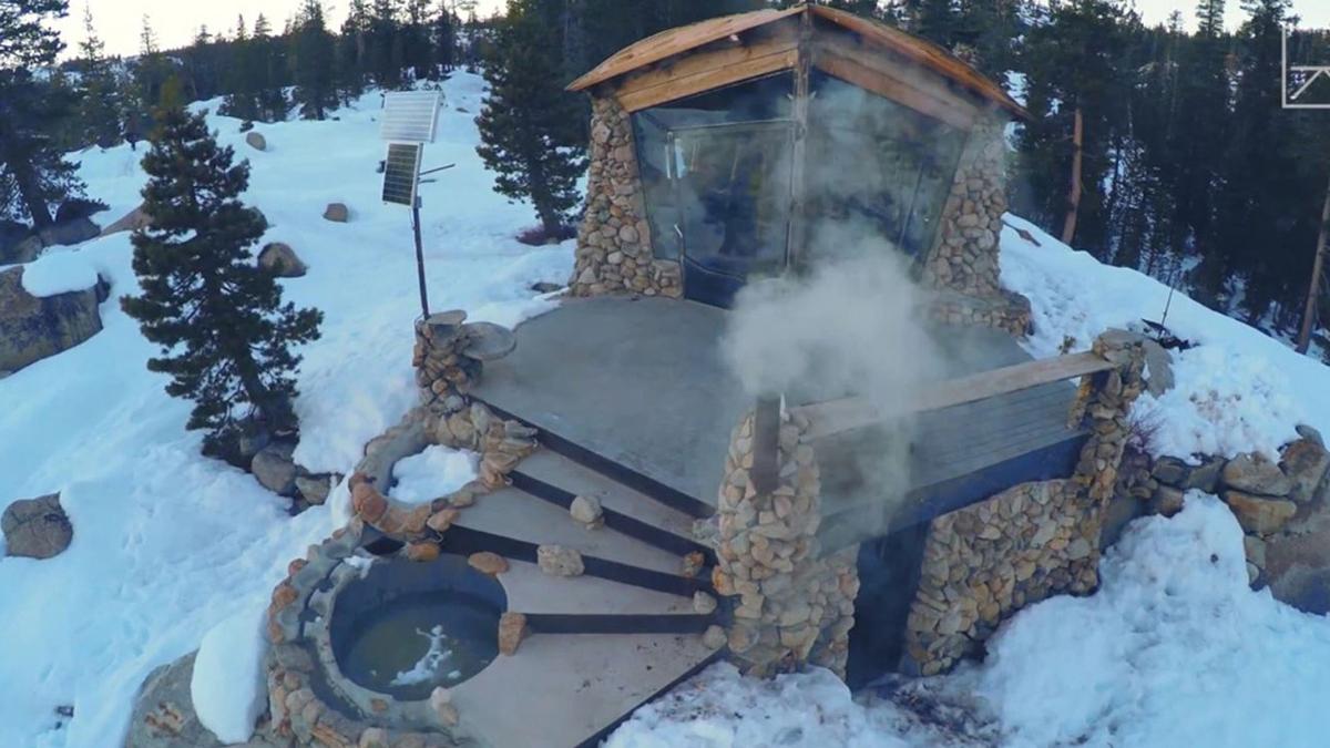 Snowboarder, Mike, Basich's, off-grid cabin in the woods with hot tub