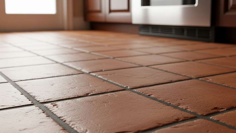 Close-up of a Rustic, Sealed Terra Cotta Tile Floor.
