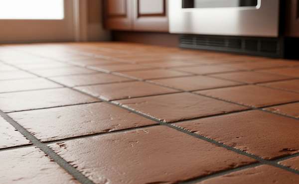 Close-up of a Rustic, Sealed Terra Cotta Tile Floor.
