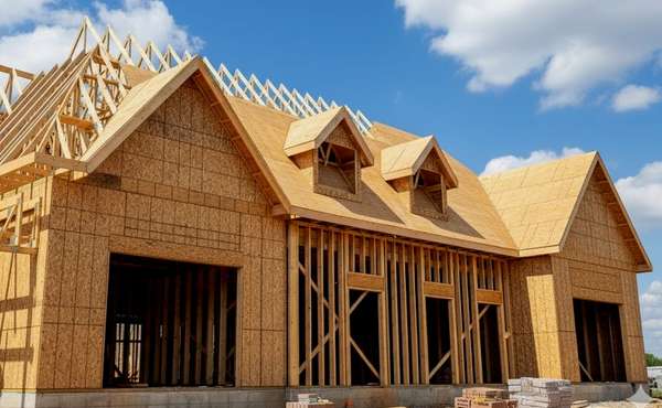 A home under construction with wood framing completed and sheating on the roof
