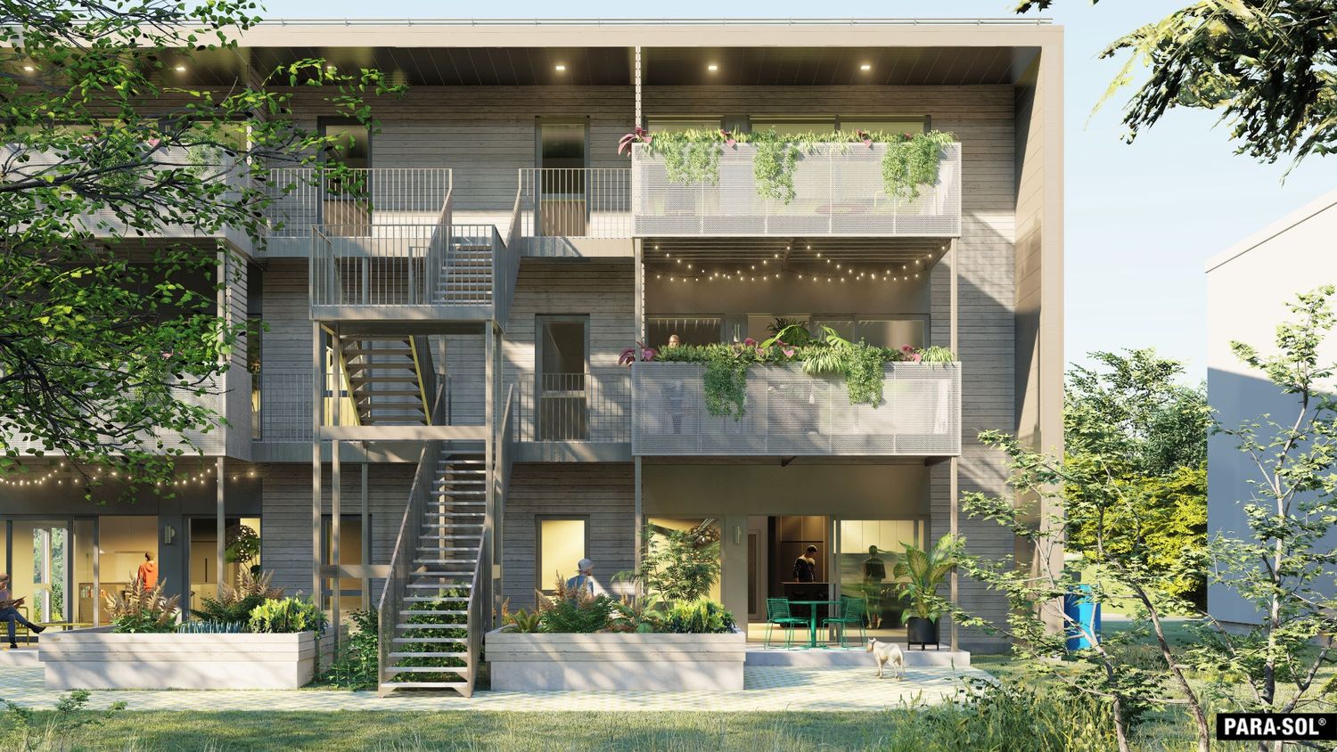 Patio trasero de un proyecto de tipo Edificios de departamentos y rascacielos cerca de Montreal (Gran Montreal) por PARA-SOL