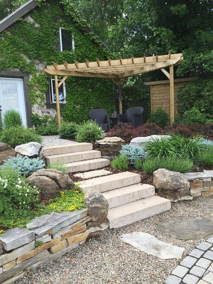 Backyard from a Decorative stone walls project near Montreal (Greater Montreal) by Courchesne Architecte Paysagiste