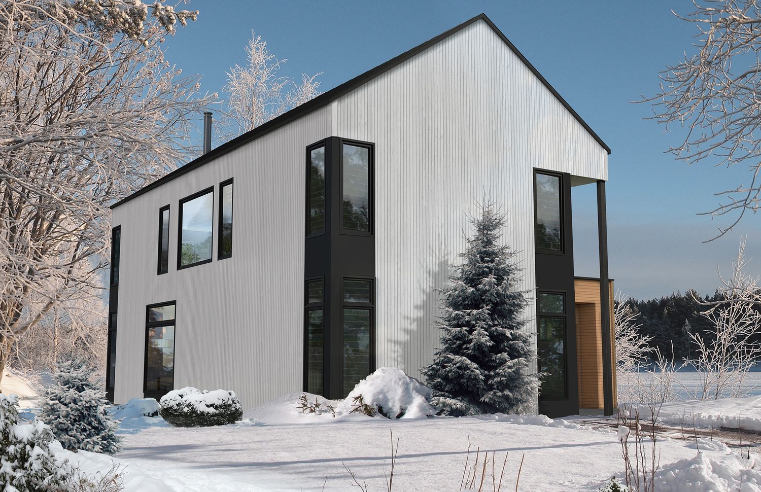 Cour avant d'un projet de Maisons usinées et modulaires près de Joliette (Lanaudière) de Bâtiment Préfab