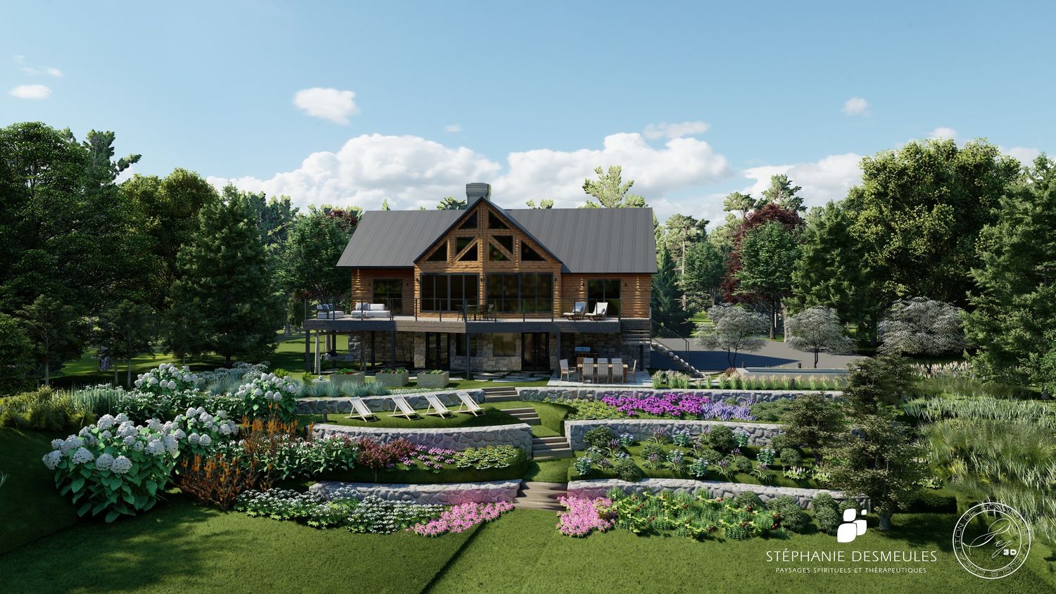Rendu 3D d'un projet de Aménagement paysager près de Sherbrooke (Estrie) de Stéphanie Desmeules Paysages Spirituels et Thérapeutiques
