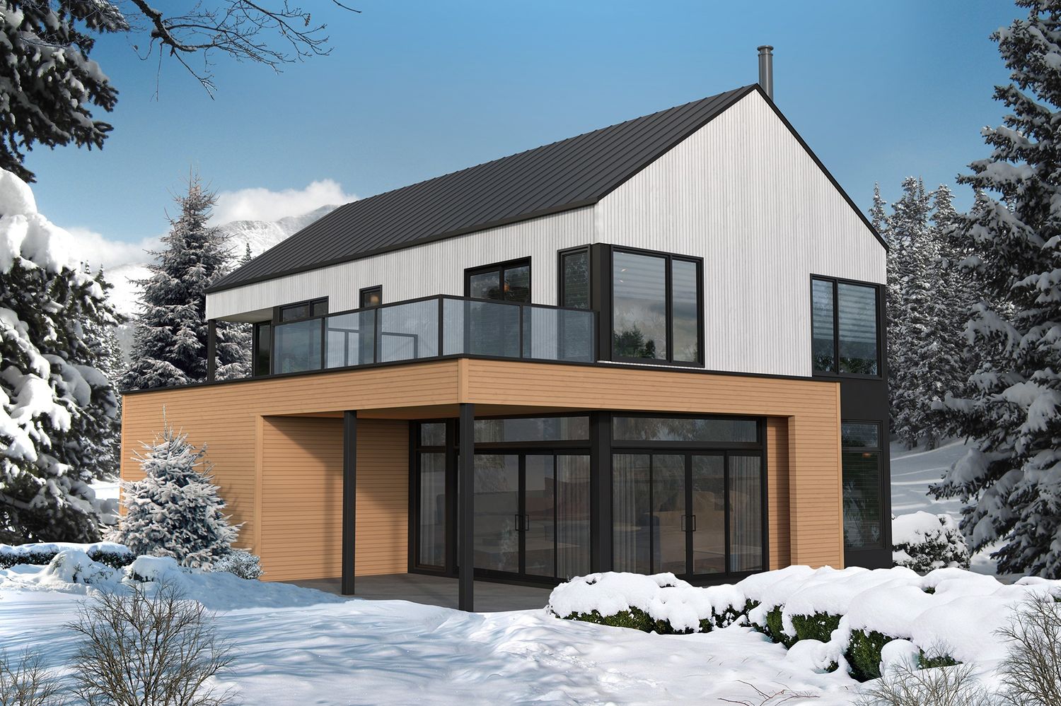 Façade avant d'un projet de Maisons usinées et modulaires près de Joliette (Lanaudière) de Bâtiment Préfab