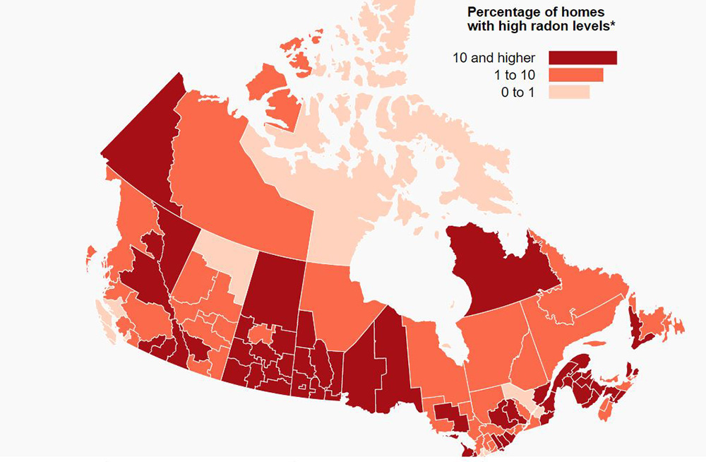 Helse Canada kart over områder I Canada med høy risiko for radonforurensning i boliger etter Provins