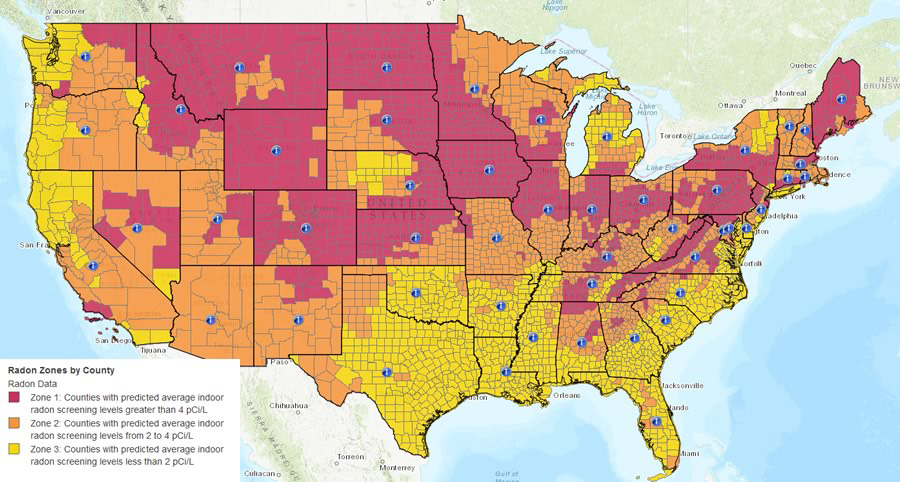 Mapa gazu Radonowego według stanu EPA USA