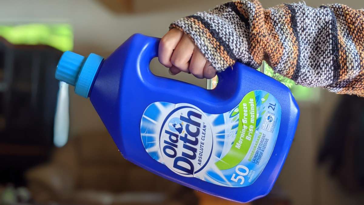 Home made DIY laundry detergent from buckeyes or horse chestnuts stores well in a plastic laundry detergent jug