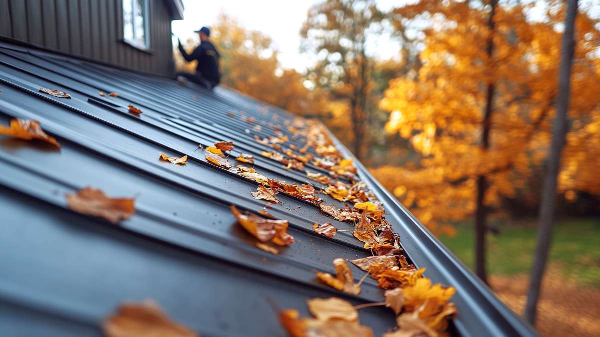 Un tas de feuilles mortes et d'aiguilles de pin humides coincées dans la noue d'un toit métallique.