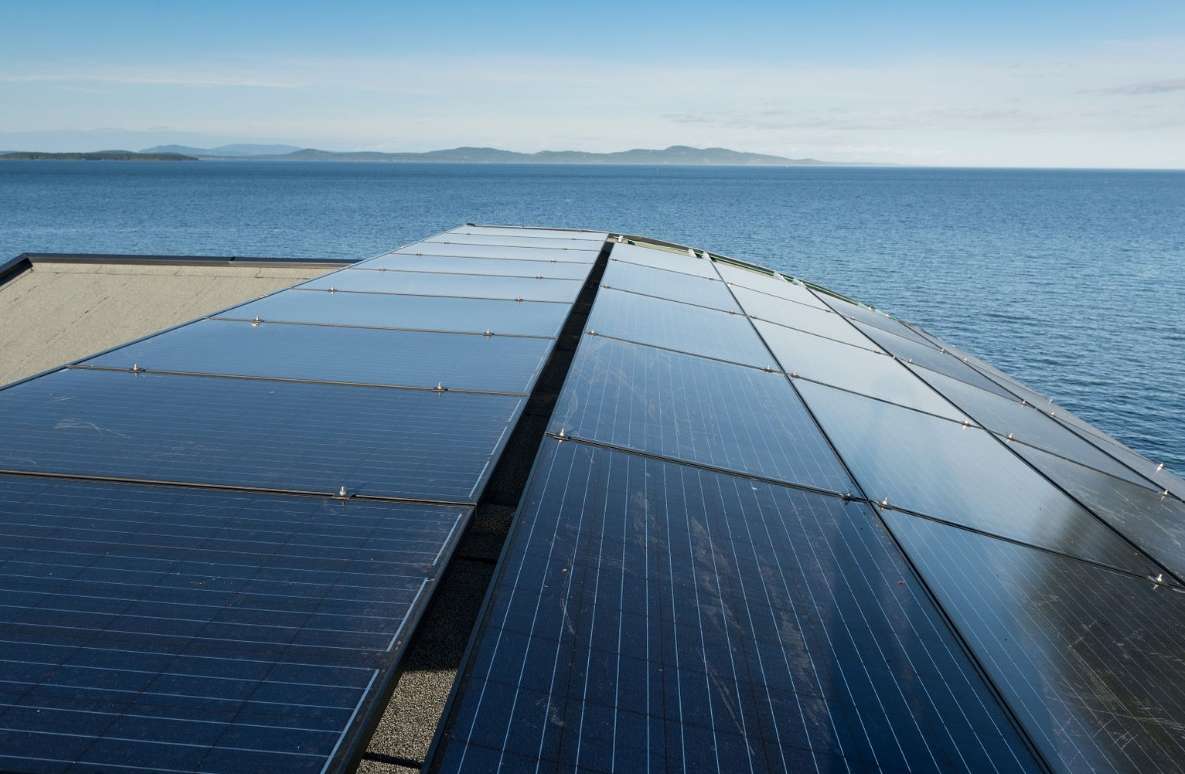 Rooftop solar panel array on the CHBA Certified Net Zero Home in Saanich BC, generating renewable energy for the residence.