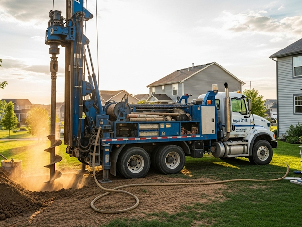 A well truck digging a backyard residential well