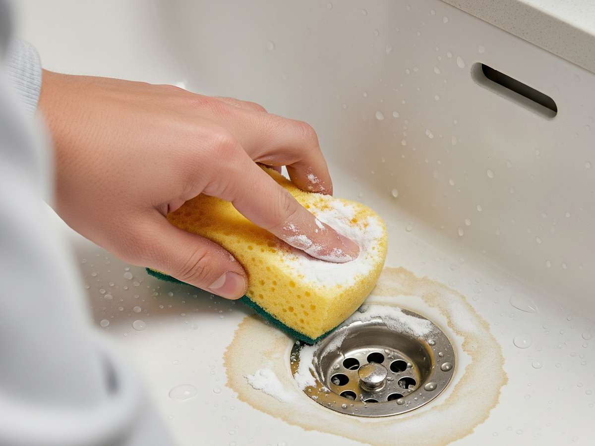 An illustration of a person pouring vinegar and baking soda into a toilet bowl for cleaning.