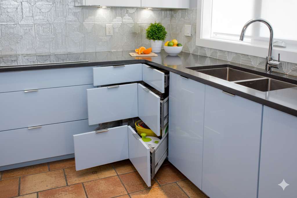 Corner drawers in a kitchen as an alternative to a lazy susan