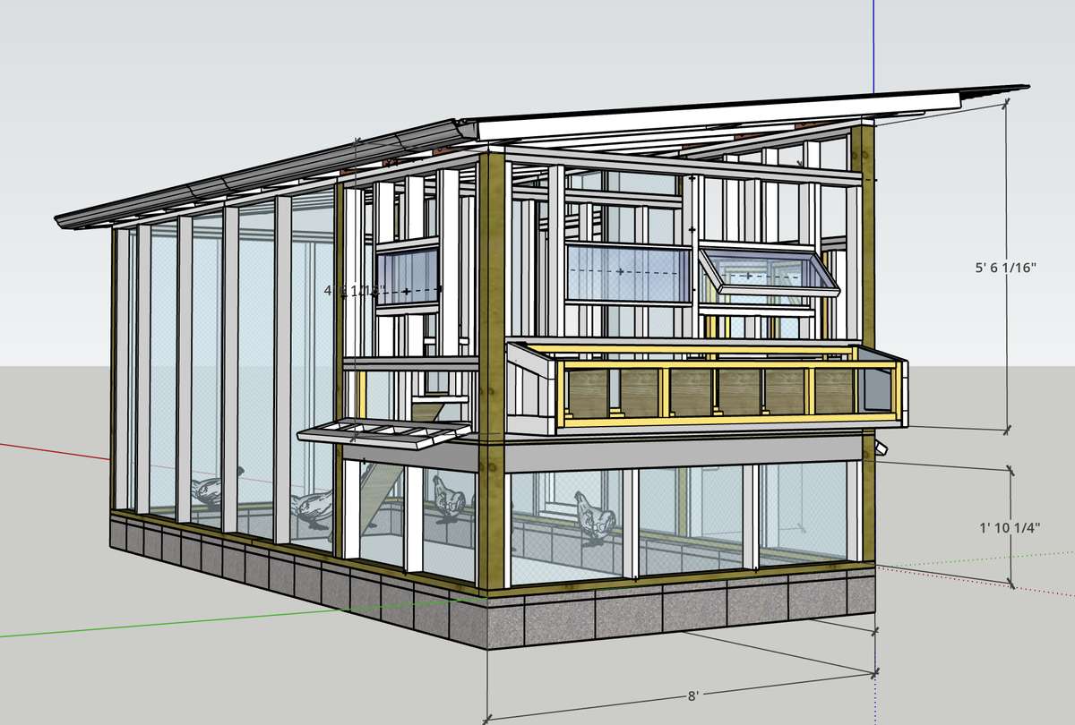 Diagram showing a cross-section of a well-designed urban chicken coop with deep bedding, high roosts, nest boxes, and dual-zone ventilation.
