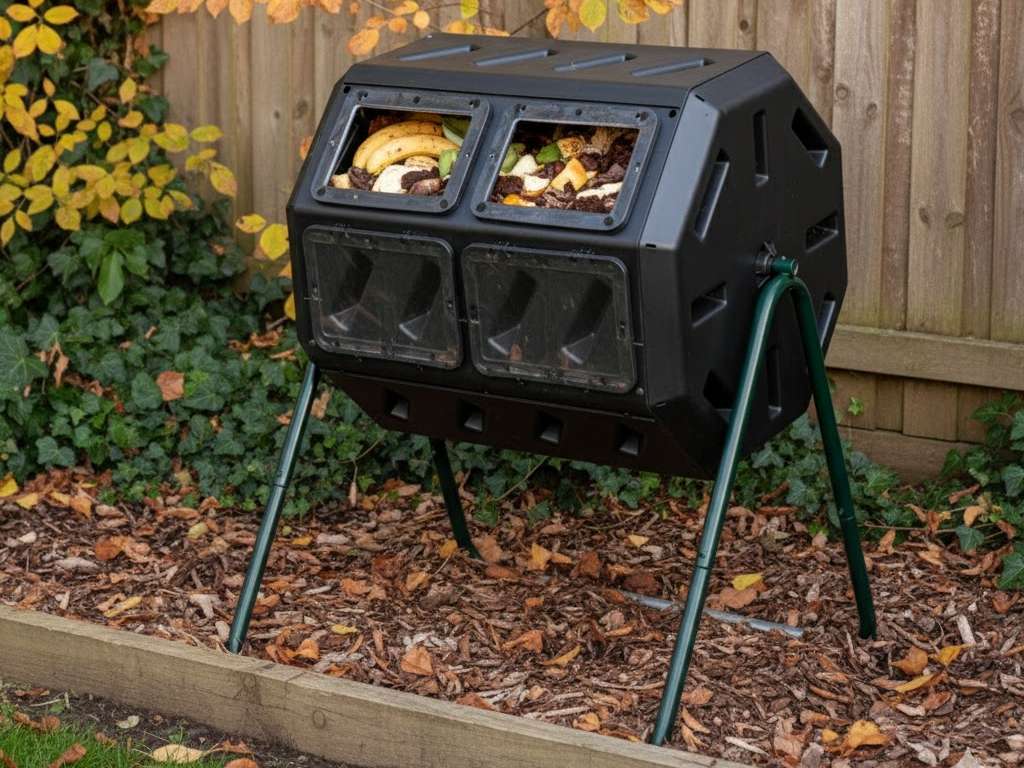 A rotating compost tumbler designed for easy aeration and pest control in small yards.