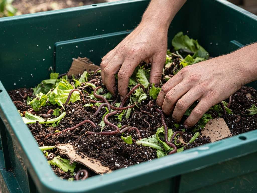 Vermicomposting system close-up with worms actively turning food scraps into rich, dark worm castings for organic gardening