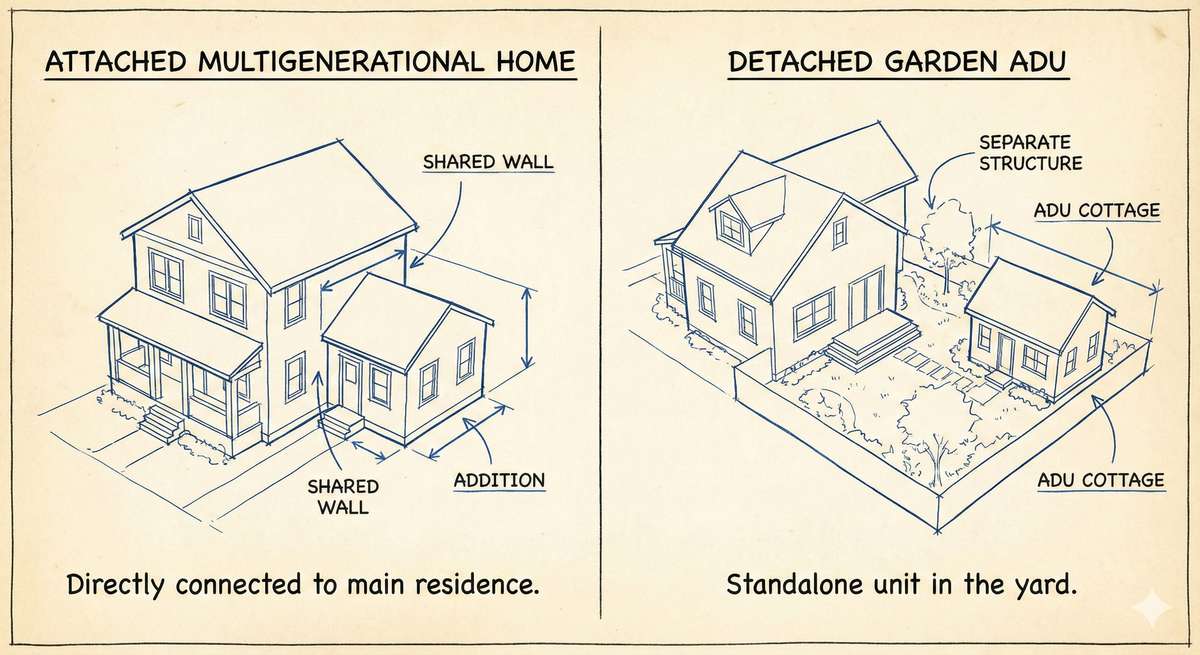 Diagram showing the difference between attached bi-generation and detached garden suites